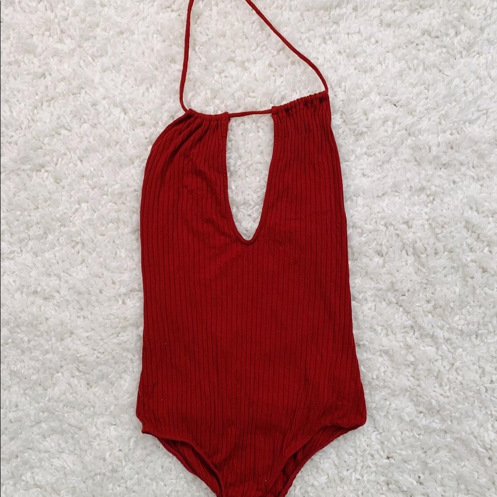 Red halter bodysuit